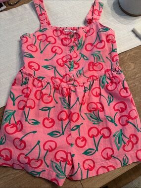 Old Navy Pink Cherry Print line. Romper with Green Leaf Accents